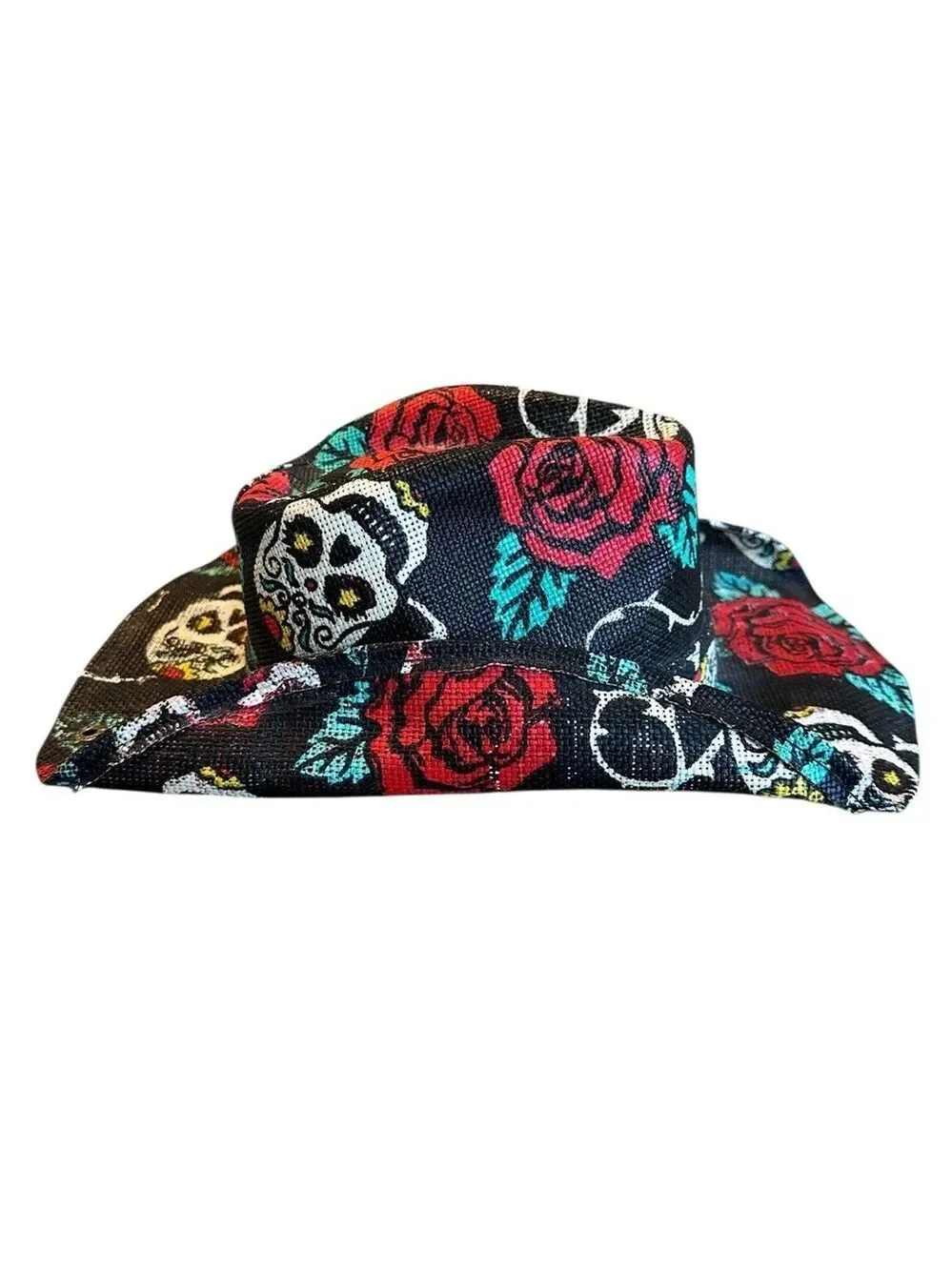 Peter Grimm Cowboy Hat Sugar Skulls/Rose Print Black Cotton Western Cowgirl EUC